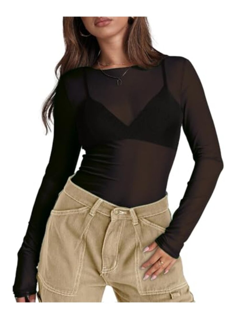 Mesh Sheer Long Sleeve Top Women See Through Lace Layering T-Shirt